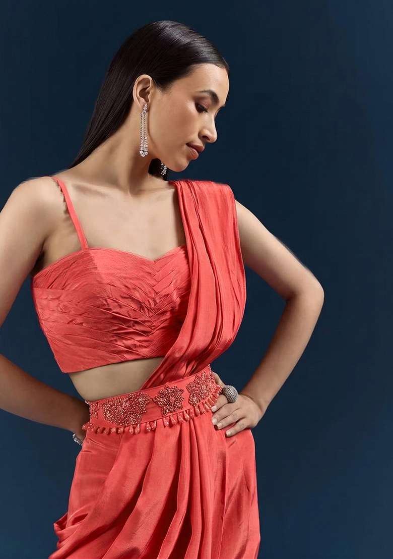 Coral Crepe Pre Draped Saree Set with Handwork for Diwali | Wedding & Festive Wear - Indya