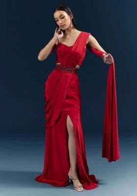 Deep Red Handwork Crepe Pre Draped Saree Set