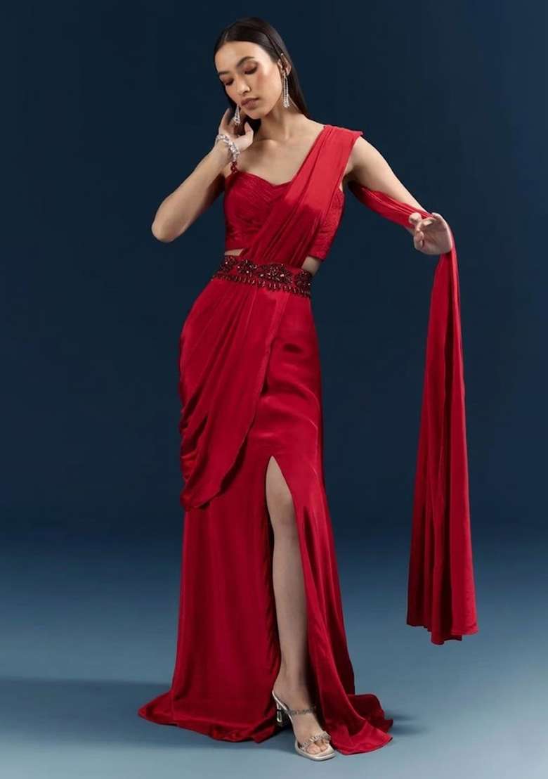 Deep Red Crepe Pre Draped Saree Set with Handwork for Diwali | Wedding & Festive Wear - Indya
