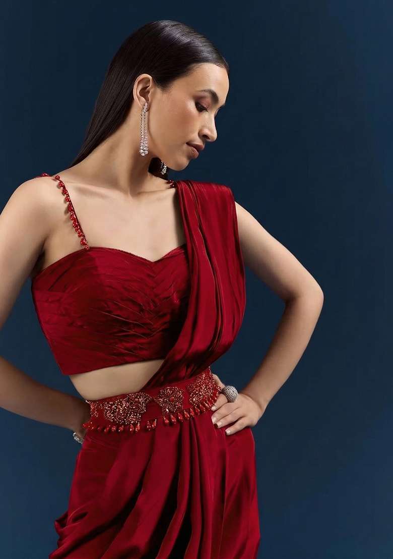 Deep Red Crepe Pre Draped Saree Set with Handwork for Diwali | Wedding & Festive Wear - Indya
