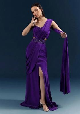 Royal Purple Handwork Crepe Pre Draped Saree Set