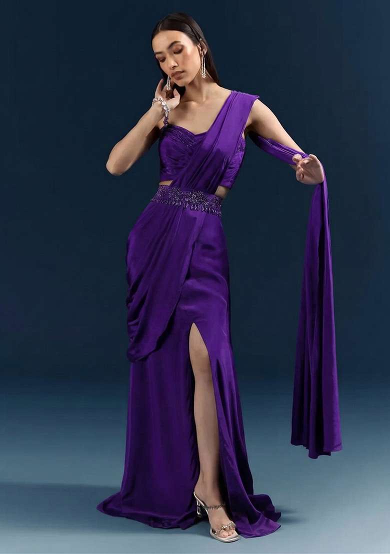 Royal Purple Handwork Crepe Pre Draped Saree Set for Diwali and Festive Wear - Indya