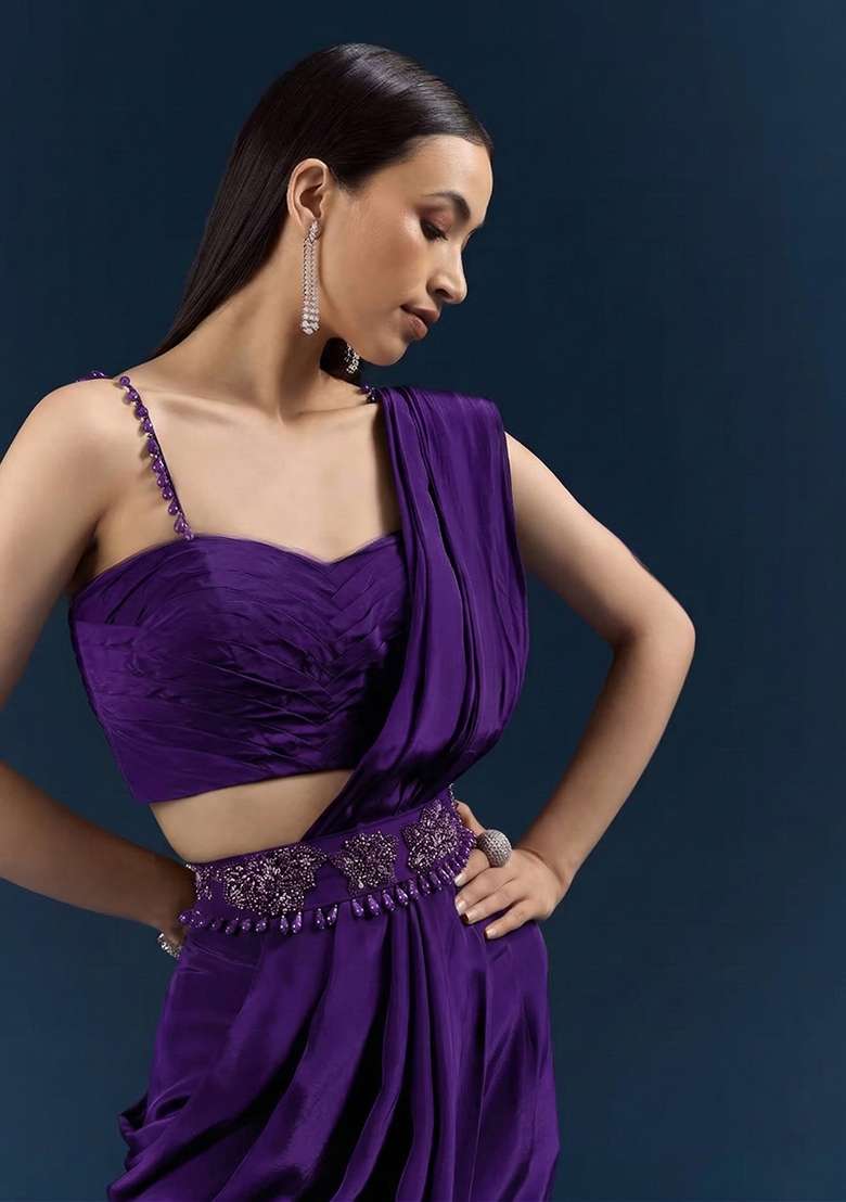 Royal Purple Handwork Crepe Pre Draped Saree Set for Diwali and Festive Wear - Indya