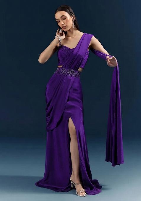 Royal Purple Handwork Crepe Pre Draped Saree Set