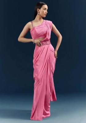 Pink Handwork Satin Pre Draped Saree Set