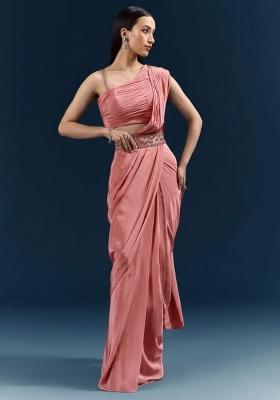 Dusty Pink Handwork Satin Pre Draped Saree Set