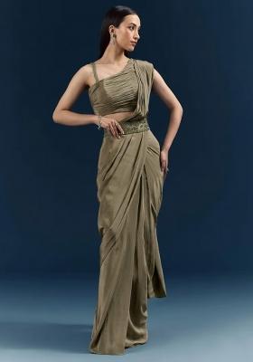 Olive Green Handwork Satin Pre Draped Saree Set