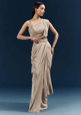Beige Handwork Satin Pre Draped Saree Set