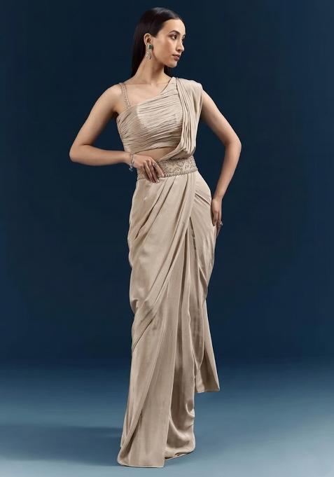 Beige Handwork Satin Pre Draped Saree Set — view on Indya