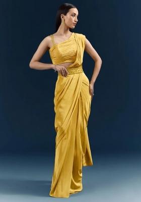 Yellow Handwork Satin Pre Draped Saree Set