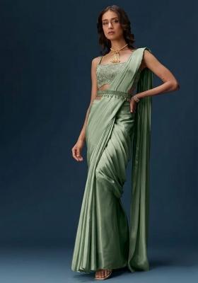 Sage Green Handwork Satin Pre Draped Saree Set