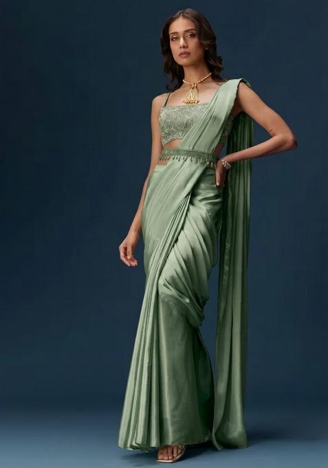 Sage Green Handwork Satin Pre Draped Saree Set