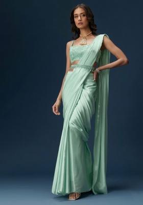 Mint Green Handwork Satin Pre Draped Saree Set
