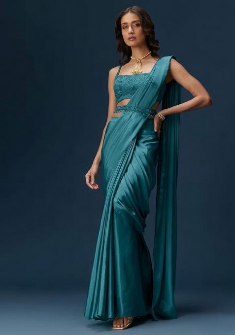 Teal Green Handwork Satin Pre Draped Saree Set