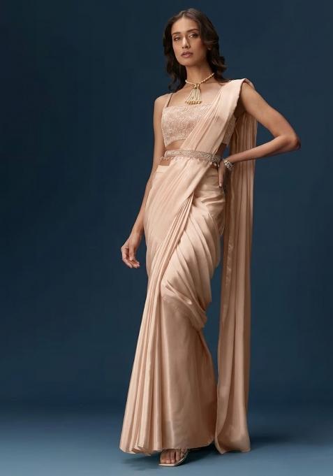 Beige Handwork Satin Pre Draped Saree Set