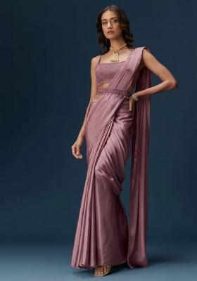 Mauve Handwork Satin Pre Draped Saree Set