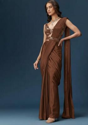 Brown Handwork Satin Pre Draped Saree Set