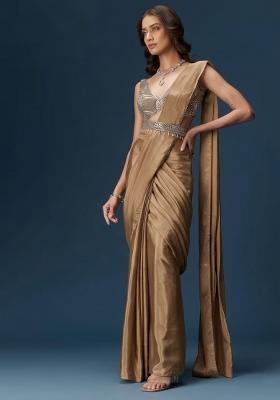 Beige Handwork Satin Pre Draped Saree Set
