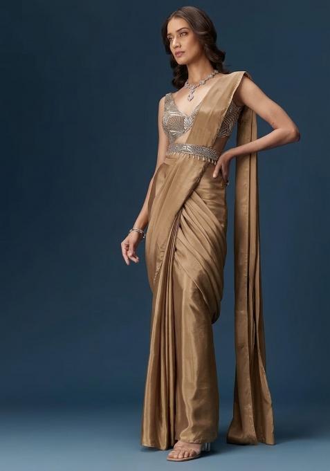 Beige Handwork Satin Pre Draped Saree Set
