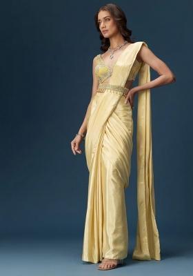 Yellow Handwork Satin Pre Draped Saree Set