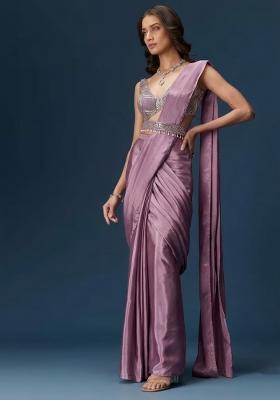 Purple Handwork Satin Pre Draped Saree Set