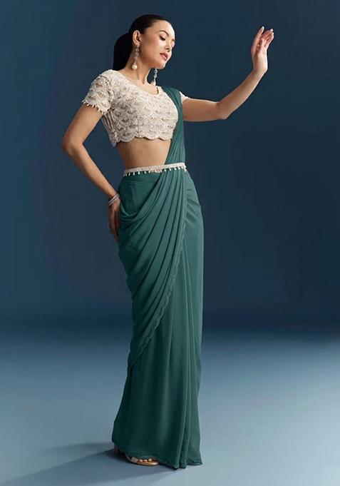 Emerald Green Hand Work Crepe Pre Draped Saree Set