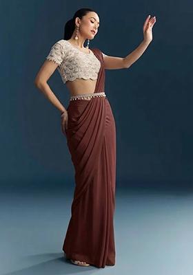 Rust Red Hand Work Crepe Pre Draped Saree Set