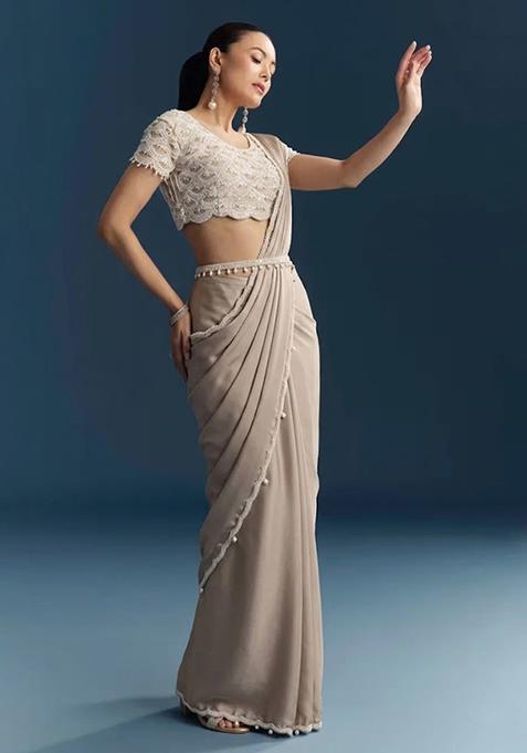 Taupe Beige Hand Work Crepe Pre Draped Saree Set