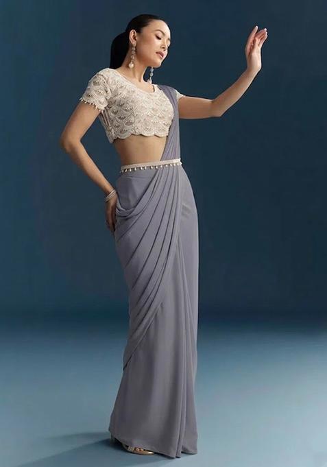 Slate Grey Hand Work Crepe Pre Draped Saree Set