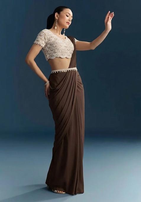 Brown Hand Work Crepe Pre Draped Saree Set
