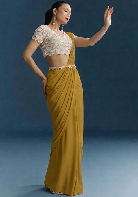 Mustard Hand Work Crepe Pre Draped Saree Set