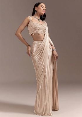 Champagne Beige Handwork Satin Pre Draped Saree Set