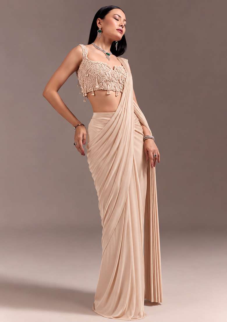 Champagne Beige Handwork Satin Pre Draped Saree Set - Indya