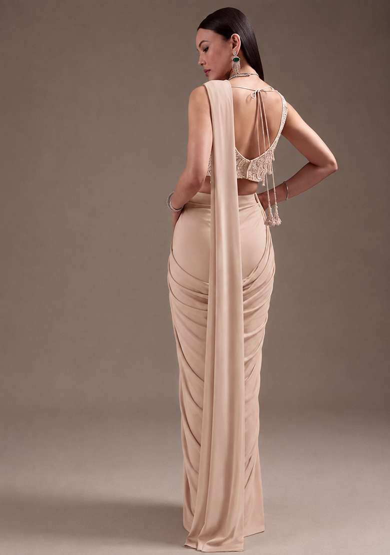 Champagne Beige Handwork Satin Pre Draped Saree Set - Indya