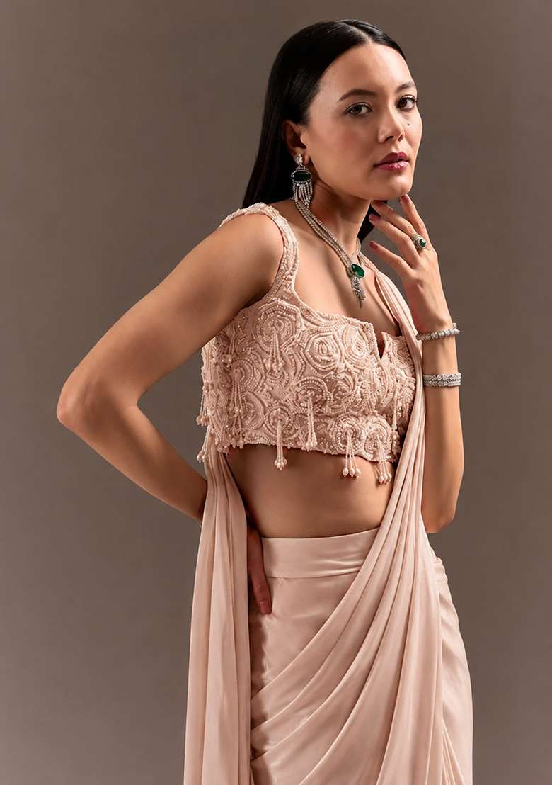 Champagne Beige Handwork Satin Pre Draped Saree Set - Indya