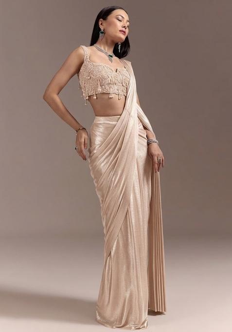 Champagne Beige Handwork Satin Pre Draped Saree Set
