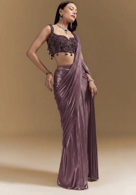 Mauve Purple Handwork Satin Pre Draped Saree Set