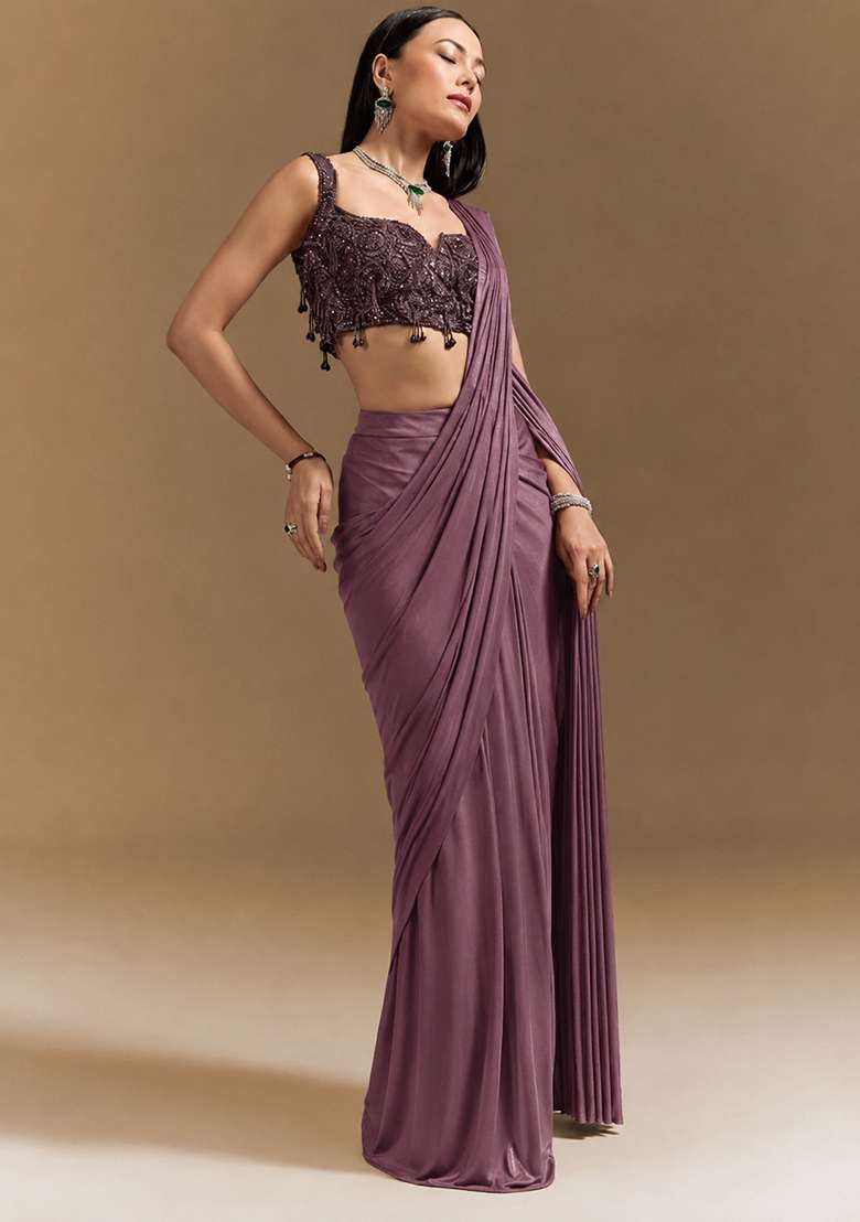 Mauve Purple Handwork Satin Pre Draped Saree Set - Indya
