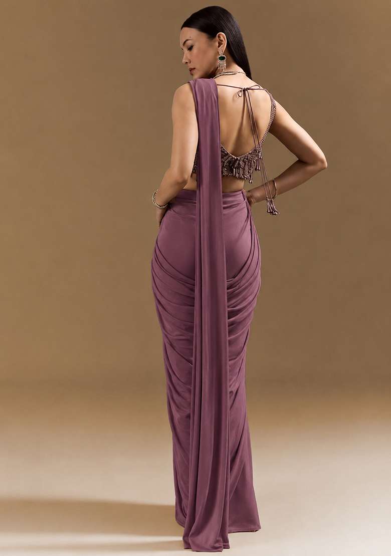 Mauve Purple Handwork Satin Pre Draped Saree Set - Indya