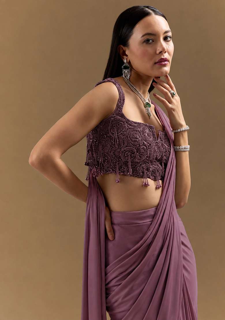 Mauve Purple Handwork Satin Pre Draped Saree Set - Indya