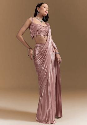 Rose Gold Pink Handwork Satin Pre Draped Saree Set