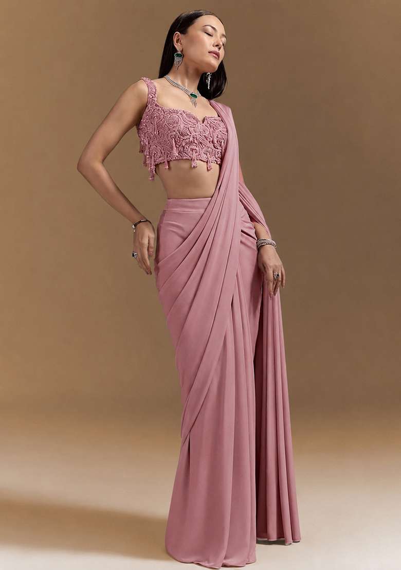 Rose Gold Pink Handwork Satin Pre Draped Saree Set - Indya
