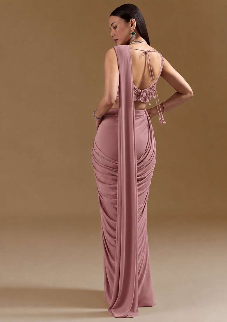 Rose Gold Pink Handwork Satin Pre Draped Saree Set - Indya