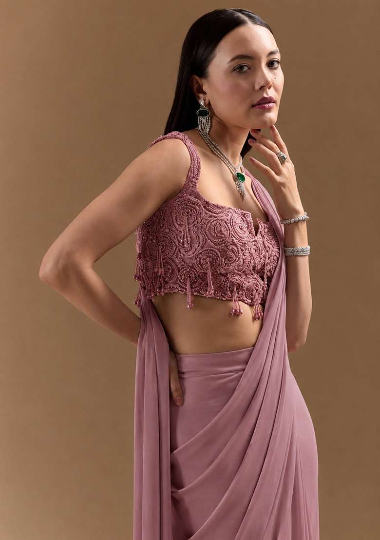 Rose Gold Pink Handwork Satin Pre Draped Saree Set - Indya