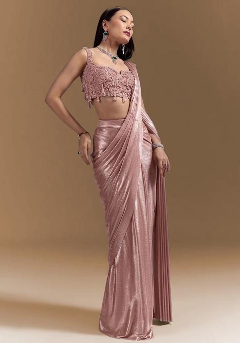 Rose Gold Pink Handwork Satin Pre Draped Saree Set