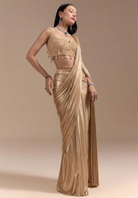Champagne Gold Handwork Satin Pre Draped Saree Set