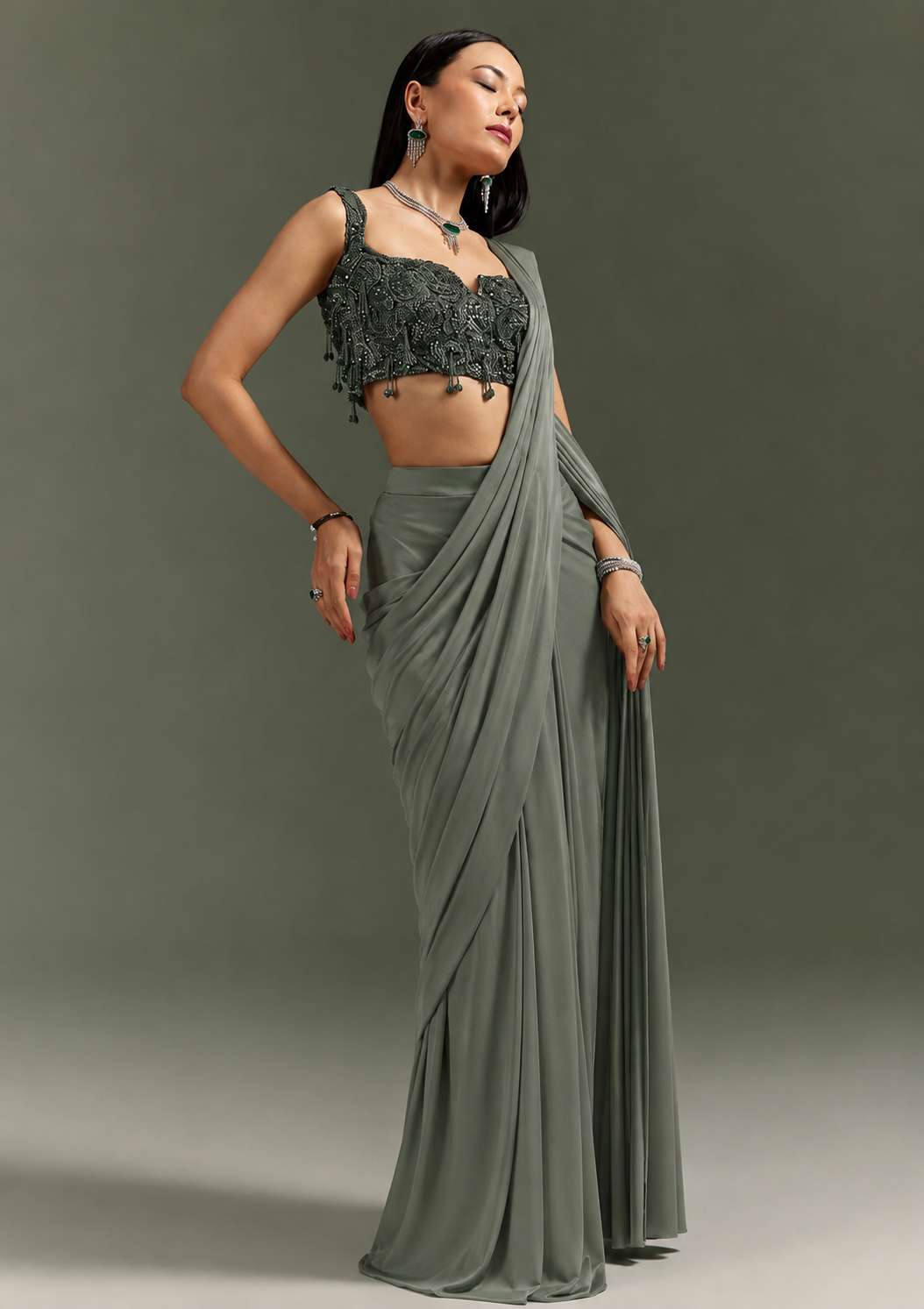 Grey Handwork Satin Pre Draped Saree Set - Indya