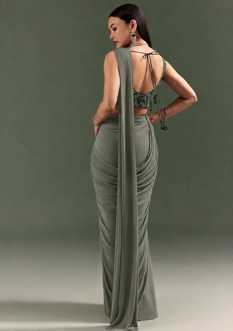 Grey Handwork Satin Pre Draped Saree Set - Indya