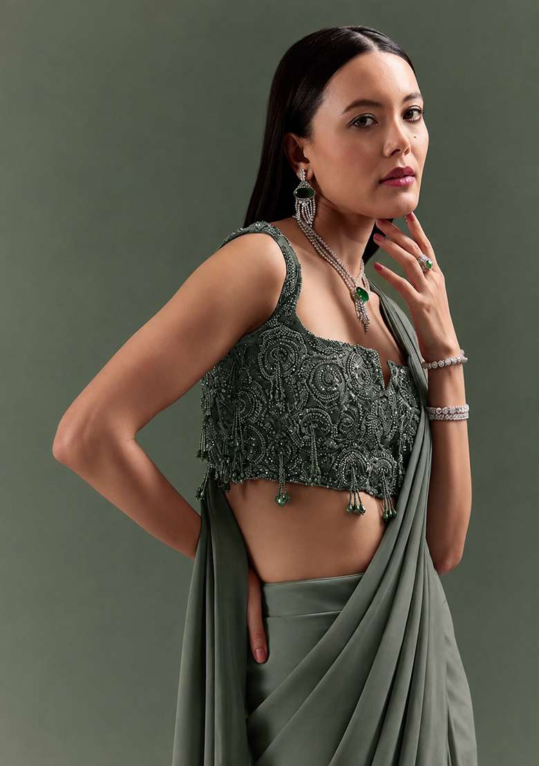 Grey Handwork Satin Pre Draped Saree Set - Indya