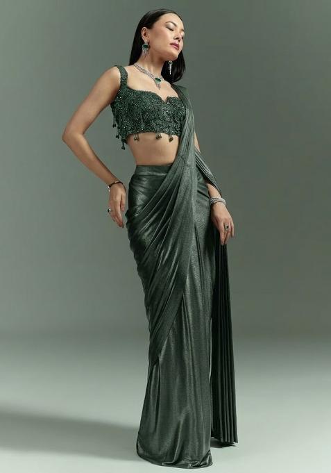 Grey Handwork Satin Pre Draped Saree Set